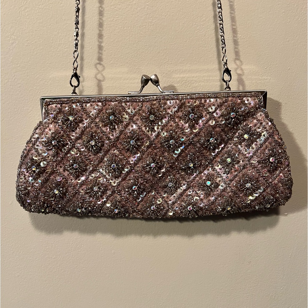 Carlo Fellini Sophia clutch/crossbody in a mauve/purple color. Removable chain